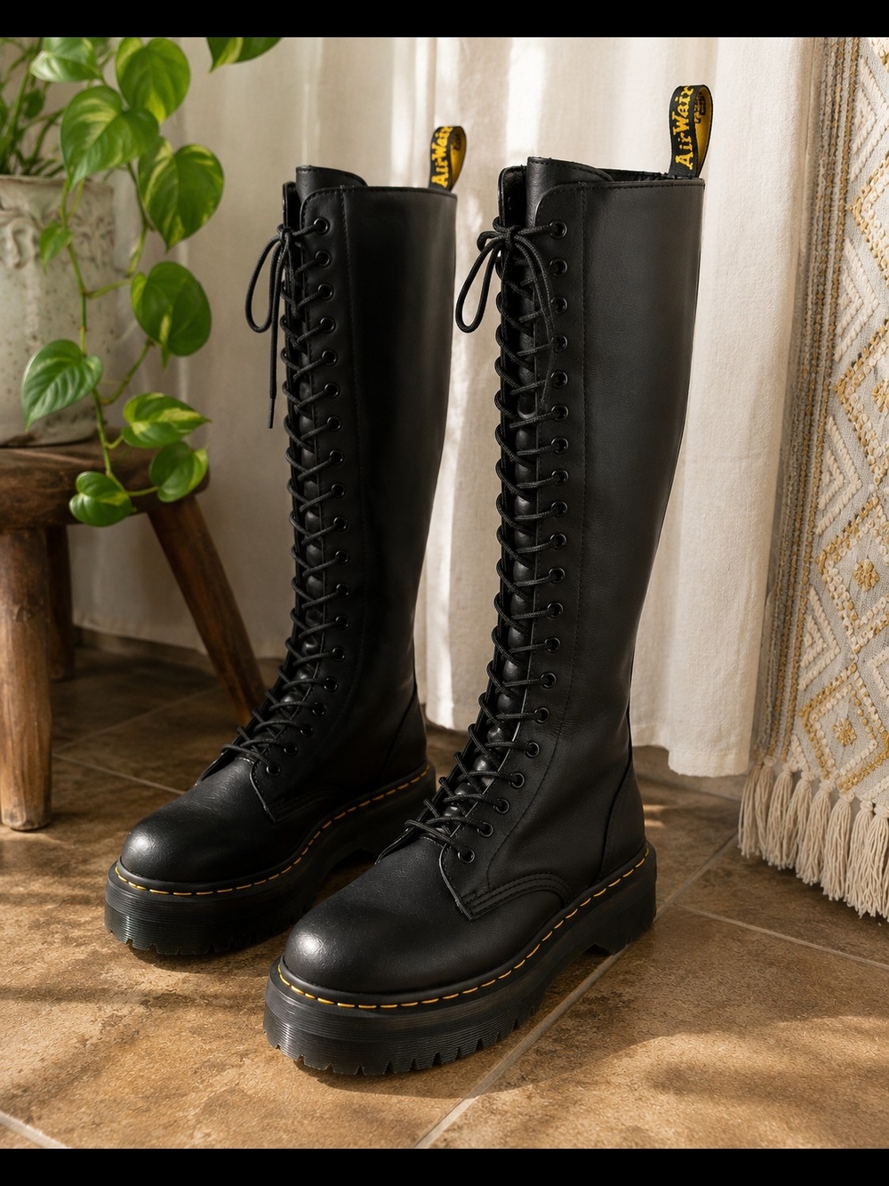 Dr. Martens Knee-High Black Platform Combat Boots | Size 6